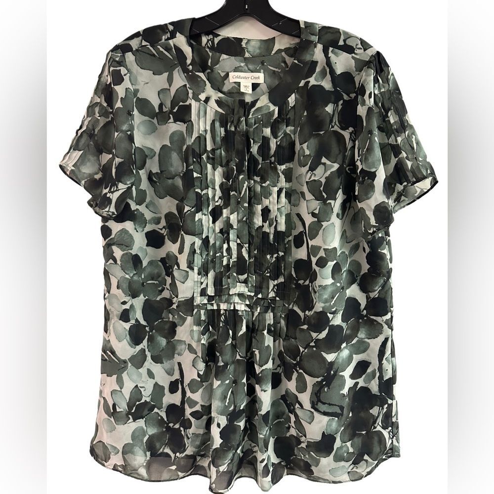 Coldwater Creek Green Floral Leaves Top Size L 14-16